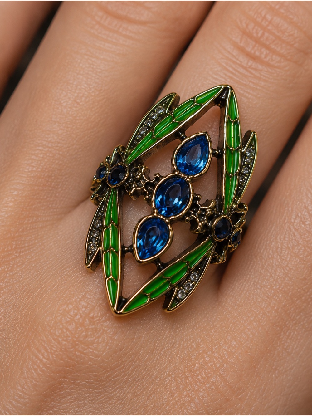 Art Deco Dragonfly Ring - Green Enamel, Blue Crystal Statement Ring (Gold-Tone)